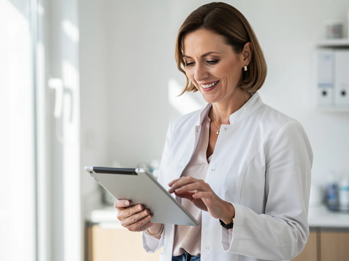 Ärztin prüft lächelnd neue Patientenanfragen auf ihrem Tablet