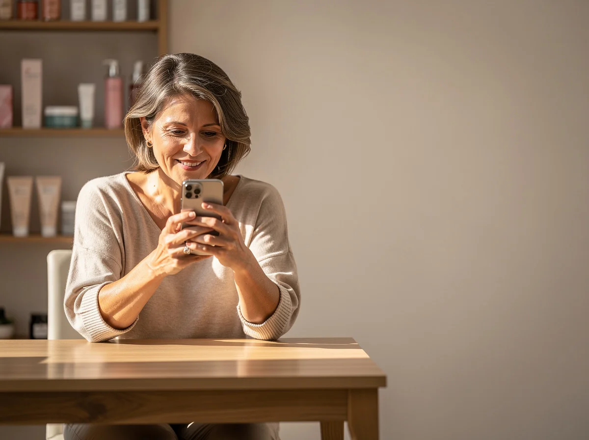 Praxisinhaberin liest eine positive Nachricht auf ihrem Telefon