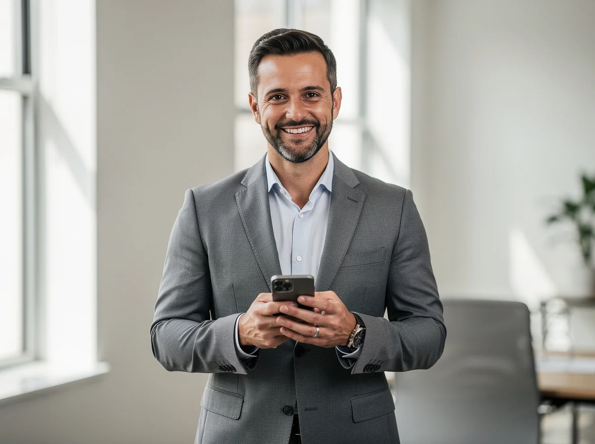 Unternehmerin freut sich sichtlich über neue Kundenanfragen auf ihrem Smartphone