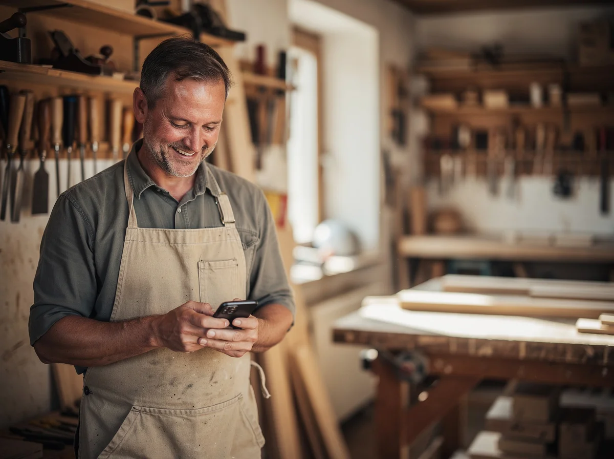 Handwerker in seiner Werkstatt liest eine neue Kundenanfrage auf dem Telefon