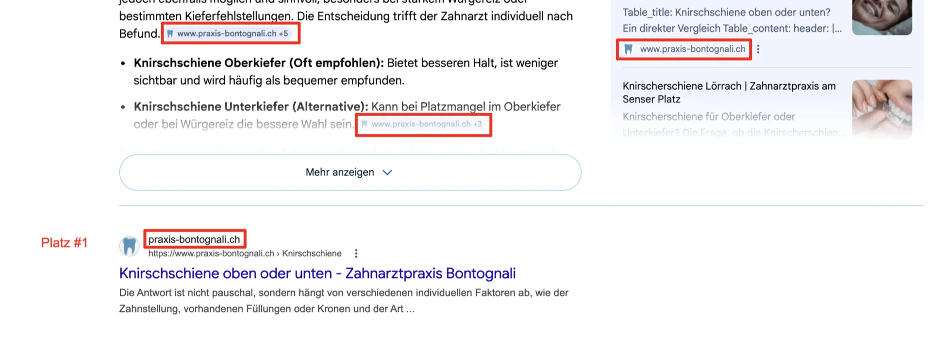 Google-Suchergebnis zitiert praxis-bontognali.ch mehrfach als Quelle